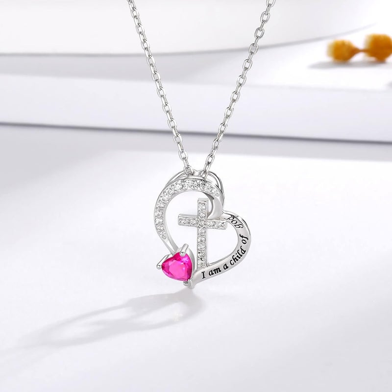 MANBU Sterling Silver Cross Necklace for Girls: Heart Birthstone I am a Child of God Pendant Religious Jewelry Baptism First Communion Confirmation Gifts for Teens - Image 4